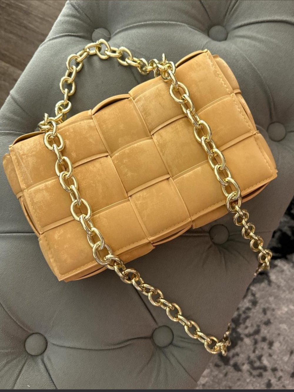 Woven Suede Shoulder Bag with Gold Chain - Mustard Color